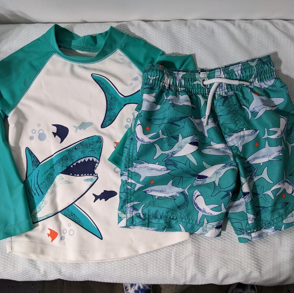 🥽 Child of Mine Shark Swim Trunks & Rashguard Aqua Toddler 3T - Picture 9 of 10